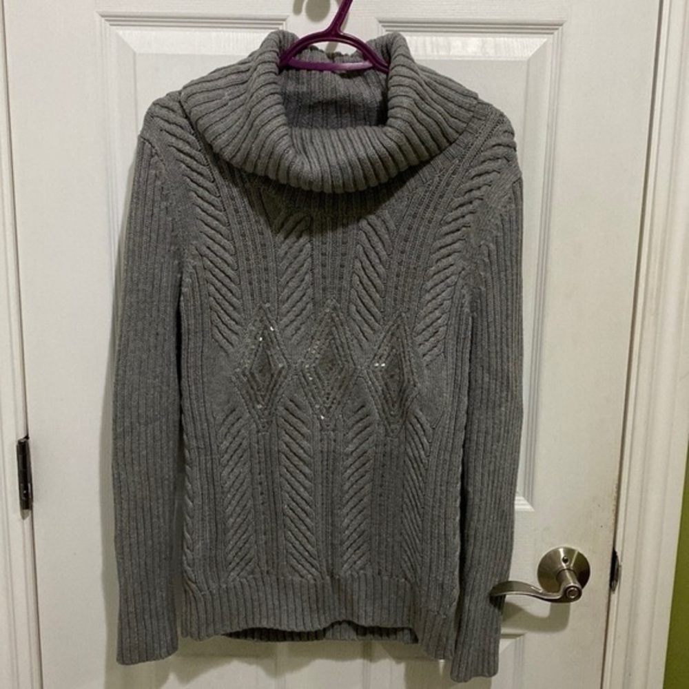 Talbots Sequinned Cable Knit Wool Blend Womens  Grey Turtleneck Sweater Size L